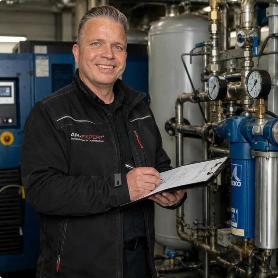 Roland Rau, Sachverständiger für Druckluft-Gesamtanlagen, vor einer Druckluftstation